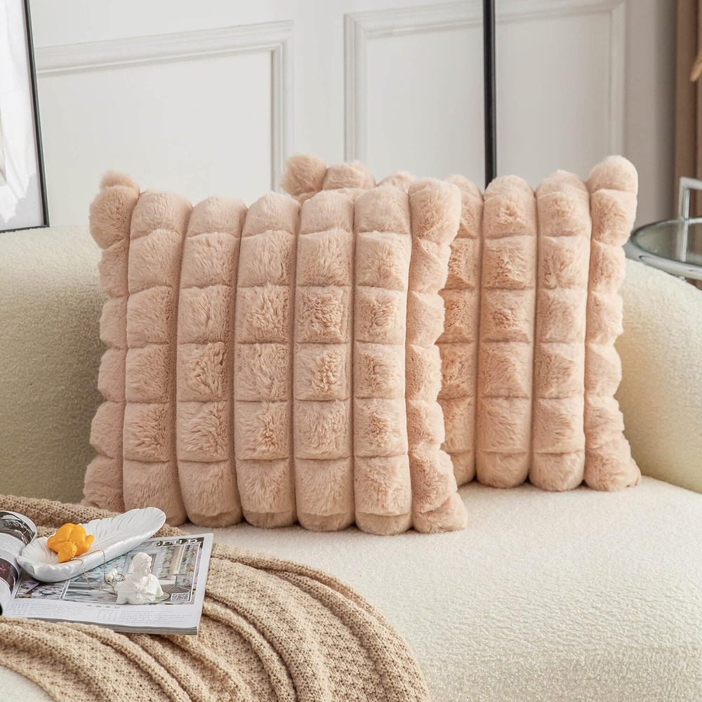 Neelvin 2pk Camel Faux Fur Cozy Soft Plaid Decorative Throw Pillow Covers 18x18